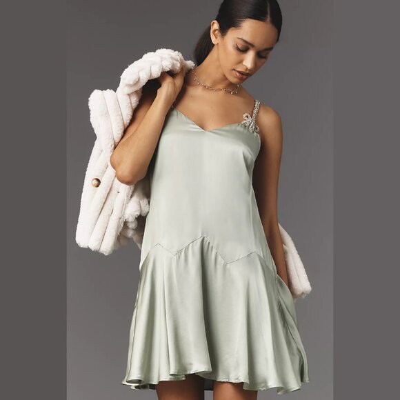 NEW Size M, Corey Lynn Calter Bow Strap Silky Mini Dress - Green - Picture 1 of 5
